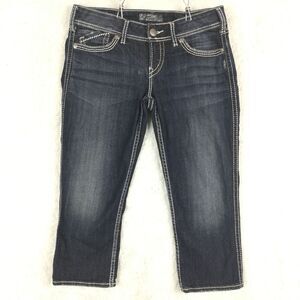 Silver‎ Jeans Womens Mckenzie Flap Capri Denim Blue Whiskering Chain Jeweled 29